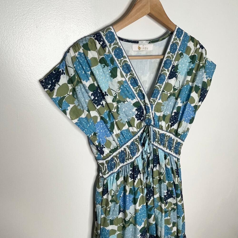 Bindu Aria Maxi Dress XS Blue Floral Cotton Resort Pockets - Picture 5 of 12